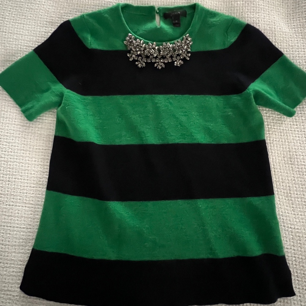 J. Crew Green and Black Striped Short Sleeve Sweater with Jeweled Necklace